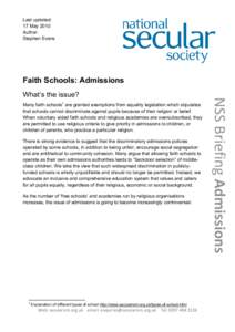 Last updated: 17 May 2010 Author: Stephen Evans  Faith Schools: Admissions