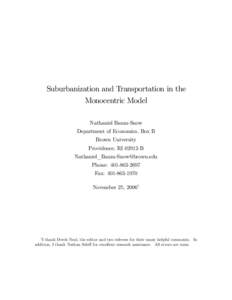 Suburbanization and Transportation in the Monocentric Model Nathaniel Baum-Snow Department of Economics, Box B Brown University Providence, RIB