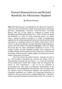 1  Pastoral Homoeroticism and Richard Barnfield, the Affectionate Shepherd By Rictor Norton Note: The following essay was published in The Affectionate Shepherd: