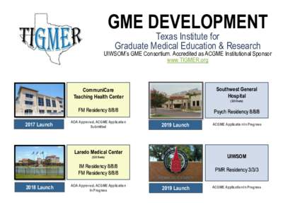 GME DEVELOPMENT Texas Institute for Graduate Medical Education & Research UIWSOM’s GME Consortium. Accredited as ACGME Institutional Sponsor www.TIGMER.org