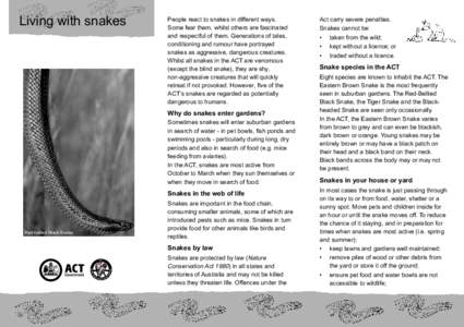 Living with snakes  People react to snakes in different ways. Some fear them, whilst others are fascinated and respectful of them. Generations of tales, conditioning and rumour have portrayed