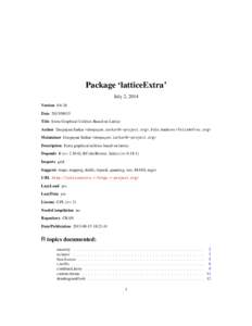 Package ‘latticeExtra’ July 2, 2014 Version 0.6-26 Date 2013/08/15 Title Extra Graphical Utilities Based on Lattice Author Deepayan Sarkar <deepayan.sarkar@r-project.org>, Felix Andrews <felix@nfrac.org>