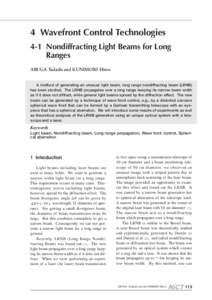 4 Wavefront Control Technologies 4-1 Nondiffracting Light Beams for Long Ranges ARUGA Tadashi and KUNIMORI Hiroo  A method of generating an unusual light beam, long range nondiffracting beam (LRNB)