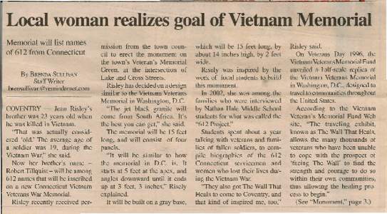 Local woman realizes goal of Vietnam Memorial Memorial will list names of 612 from Connecticut By BRENDA SULLIVAN  Staff Writer