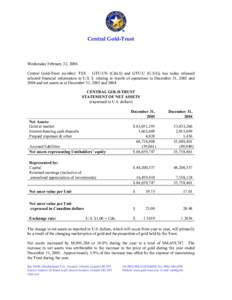 Central Gold-Trust  Wednesday February 22, 2006 Central Gold-Trust (symbol: TSX – GTU.UN (Cdn.$) and GTU.U (U.S.$)) has today released selected financial information in U.S. $ relating to results of operations to Decem