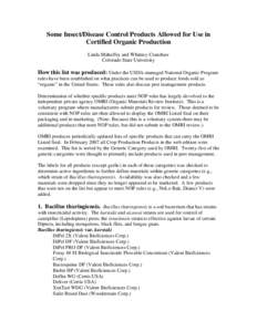 Some Insect/Disease Control Products Allowed for Use in Certified Organic Food Production