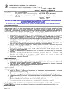 Food and Agriculture Organization of the United Nations  PROFESSIONAL VACANCY ANNOUNCEMENT NO: RNE[removed]PRJ Issued on: Deadline For Application: