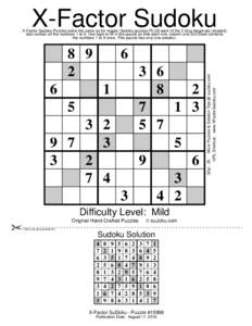 X-Factor Sudoku  X-Factor Sudoku Puzzles solve the same as for regular Sudoku puzzles PLUS each of the 2 long diagonals (shaded) also contain all the numbers 1 to 9. Use logic to fill in the puzzle so that each row, colu