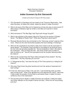 Native American Literature Discussion Questions Indian Summers by Eric Gansworth Created by Dorothea M. Susag for OPI library project