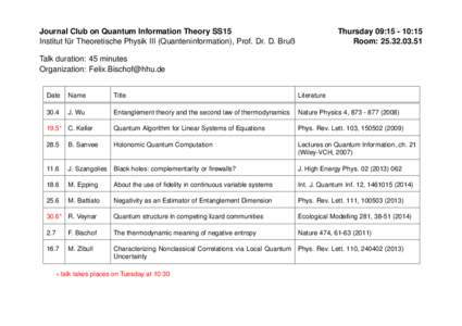 Journal Club on Quantum Information Theory SS15 Institut fur ¨ Theoretische Physik III (Quanteninformation), Prof. Dr. D. Bruß Thursday 09::15 Room: 