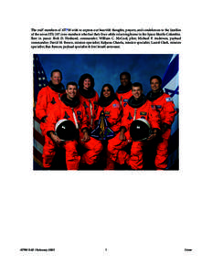 Cover  The staff members of ATPM wish to express our heartfelt thoughts, prayers, and condolences to the families of the seven STS-107 crew members who lost their lives while returning home in the Space Shuttle Columbia.