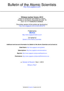Bulletin of http://bos.sagepub.com/ the Atomic Scientists Chinese nuclear forces, 2013 Hans M. Kristensen and Robert S. Norris Bulletin of the Atomic Scientists[removed]: 79