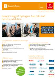 24 – 28 April 2017 ▪ Hannover ▪ Germany  Europe’s largest hydrogen, fuel cells and battery exhibition  Group Exhibit at HANNOVER MESSE 2017