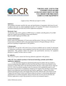 VIRGINIA SOIL AND WATER CONSERVATION BOARD GUIDANCE DOCUMENT ON THE TAX CREDIT FOR PRECISION AGRICULTURE EQUIPMENT (Approved July 1996, Revised April 19, 2018)