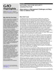 GAO-15-532T Highlights, NATIONAL NUCLEAR SECURITY ADMINISTRATION: Observations on Management Challenges and Steps Taken to Address Them