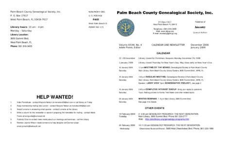 Palm Beach County Genealogical Society, Inc.  NON-PROFIT ORG. P. O. Box 17617