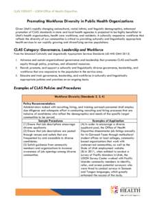 CLAS TOOLKIT – UDOH Office of Health Disparities  Promoting Workforce Diversity in Public Health Organizations Given Utah’s rapidly changing sociocultural, racial/ethnic, and linguistic demographics, enhanced promoti