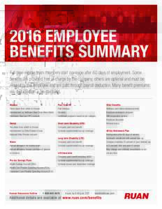 2016 EMPLOYEE BENEFITS SUMMARY Full-time eligible team members start coverage after 60 days of employment. Some benefits are provided free of charge by the company, others are optional and must be elected by the employee