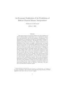 An Economic Explication of the Prohibition of Rib¯a in Classical Islamic Jurisprudence Mahmoud A. El-Gamal∗ c May 2, 2001