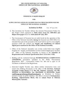 THE UNITED REPUBLIC OF TANZANIA  OFFICE OF THE NATIONAL ASSEMBLY TENDER NO. IEG/09 FOR