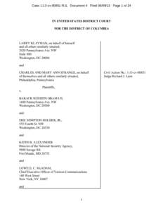 Case 1:13-cv[removed]RJL Document 4 Filed[removed]Page 1 of 24  IN UNITED STATES DISTRICT COURT FOR THE DISTRICT OF COLUMBIA  LARRY KLAYMAN, on behalf of himself