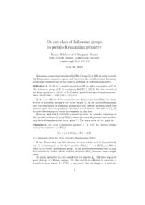 On one class of holonomy groups in pseudo-Riemannian geometry Alexey Bolsinov and Dragomir Tsonev Dept. of Math. Sciences, Loughborough University Loughborough, LE11 3TU UK