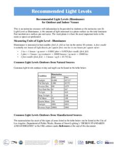 Recommended Light Levels Recommended Light Levels (Illuminance) for Outdoor and Indoor Venues This is an instructor resource with information to be provided to students as the instructor sees fit. Light Level or Illumina