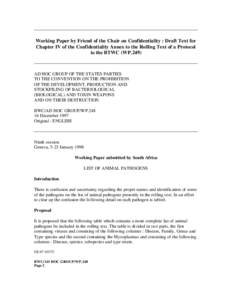 Working Paper by Friend of the Chair on Confidentiality : Draft Text for Chapter IV of the Confidentiality Annex to the Rolling Text of a Protocol to the BTWC (WP.249) AD HOC GROUP OF THE STATES PARTIES TO THE CONVENTION