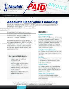 855-2thesba | www.thesba.com  Accounts Receivable Financing Cash flow solution that allows you to use receivables as collateral in exchange for capital