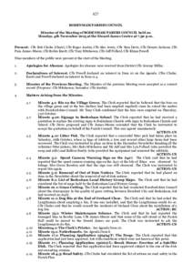 827 BODENHAM PARISH COUNCIL Minutes of the Meeting of BODENHAM PARISH COUNCIL held on Monday, 4th November 2013 at the Siward James Centre at 7.30 p.m. Present: Cllr Bob Clarke (Chair), Cllr Roger Austin, Cllr Alec Avery