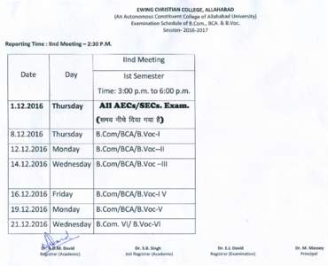 EWING CHRISTIAN COLLEGE, ALLAHABAD  (An Autonomous Constituent College of Allahabad University) Examination Schedule of B.Com., BCA. & B.Voc. Session