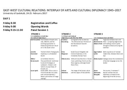 EAST-WEST CULTURAL RELATIONS: INTERPLAY OF ARTS AND CULTURAL DIPLOMACY 1945–2017 University of Jyväskylä, 24-25 February 2017 DAY 1 Friday 8:30 Friday 9:00