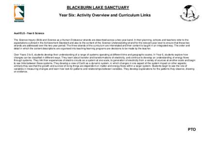 BLACKBURN LAKE SANCTUARY Year Six: Activity Overview and Curriculum Links AusVELS –Year 6 Science The Science Inquiry Skills and Science as a Human Endeavour strands are described across a two-year band. In their plann