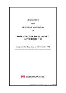 MEMORANDUM AND ARTICLES OF ASSOCIATION OF  SWIRE PROPERTIES LIMITED