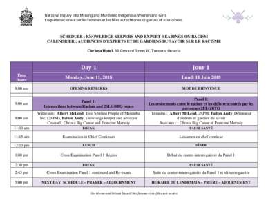 National Inquiry into Missing and Murdered Indigenous Women and Girls Enquête nationale sur les femmes et les filles autochtones disparues et assassinées SCHEDULE : KNOWLEDGE KEEPERS AND EXPERT HEARINGS ON RACISM CALEN