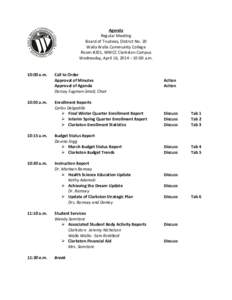 Agenda Regular Meeting Board of Trustees, District No. 20 Walla Walla Community College Room #201, WWCC Clarkston Campus Wednesday, April 16, 2014 – 10:00 a.m.