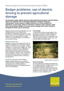 Natural England Technical Information Note TIN027 - Badger problems: use of electric fencing to prevent agricultural damage