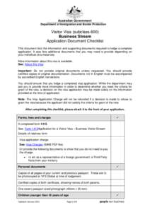 Australian Government Department of Immigration and Border Protection Visitor Visa (subclass-600) Business Stream Application Document Checklist