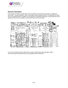 Resource Description This example of a filled-in questionnaire from the 1850 Census shows the enumeration of statesman Henry Clay – his age, profession, value of real estate owned, and place of birth. The responses for