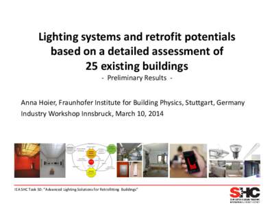Lighting systems and retrofit potentials based on a detailed assessment of 25 existing buildings - Preliminary Results Anna Hoier, Fraunhofer Institute for Building Physics, Stuttgart, Germany Industry Workshop Innsbruck