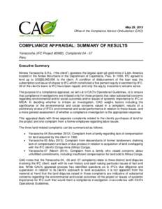 May 29, 2015 Office of the Compliance Advisor Ombudsman (CAO) COMPLIANCE APPRAISAL: SUMMARY OF RESULTS Yanacocha (IFC Project #2983), ComplaintsPeru