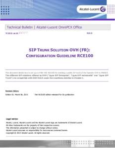 Technical Bulletin | Alcatel-Lucent OmniPCX Office R10.0 TC2031 ed.01  SIP TRUNK SOLUTION OVH (FR):