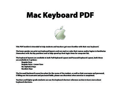 Mac Keyboard PDF  This PDF booklet is intended to help students and teachers get more familiar with their mac keyboard. The lower grades can print out keyboard layouts and can mark or color their names and/or logins to f
