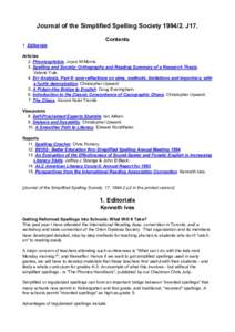 Journal of the Simplified Spelling SocietyJ17. 1. Editorials. Contents  Articles