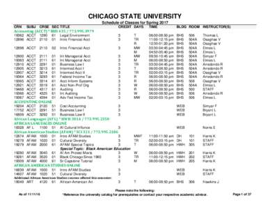 CHICAGO STATE UNIVERSITY Schedule of Classes for Spring 2017 CRN SUBJ