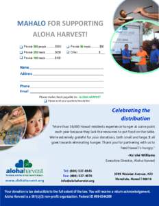 MAHALO FOR SUPPORTING ALOHA HARVEST! Provide 500 people …....… $500 Provide 50 meals……..…$50