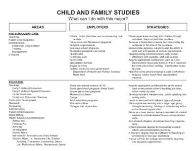 CHILD AND FAMILY STUDIES What can I do with this major? AREAS PRE-SCHOOL/DAY CARE Teaching