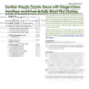 Makes 2 medium servings  Sambar Masala Tomato Sauce with Ginger-Cinnamon Rice, and Sweet & Salty Brazil Nut Chutney SPICED RICE  1/2 large spaghetti squash
