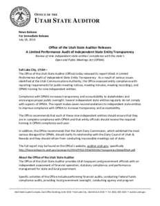 OFFICE OF THE  UTAH STATE AUDITOR News Release For Immediate Release July 18, 2016