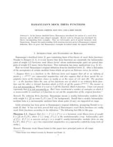 RAMANUJAN’S MOCK THETA FUNCTIONS MICHAEL GRIFFIN, KEN ONO, AND LARRY ROLEN Abstract. In his famous deathbed letter, Ramanujan introduced the notion of a mock theta function, and he offered some alleged examples. Recent